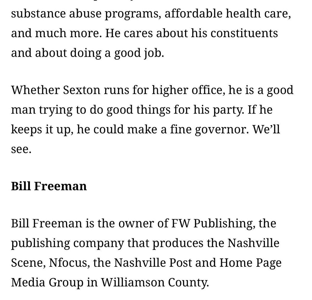 PhilNvestigates's tweet photo. PS: Nashville Scene owner Bill Freeman wrote glowingly last year about TN House Speaker @CSexton25 being someone who “could make a fine governor.” Freeman’s son, Dem. Rep. Bob Freeman, was not targeted by the GOP redistricting plan. https://t.co/T8sDQ8lWDX
