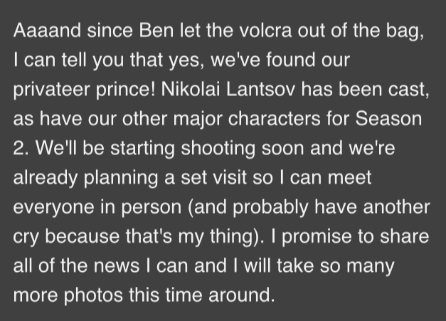 GrishaNetflixTV's tweet photo. SHADOW AND BONE S2 Update: NIKOLAI LANTSOV and other major characters have been cast for Season 2! ― via @LBardugo newsletter 🎬 https://t.co/BNAPHfw0xg