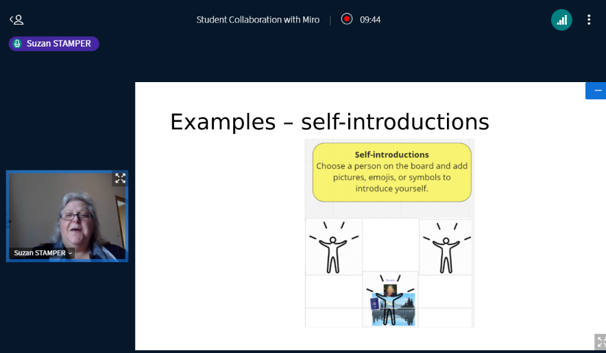 Suzan Stamper is showing us examples of Student Collaboration with Miro, miro.com, one of the last of the parallel sessions of the 3-day #glocall2021 virtual conference. Her examples show using it for student intros, storytelling, and sorting/matching.