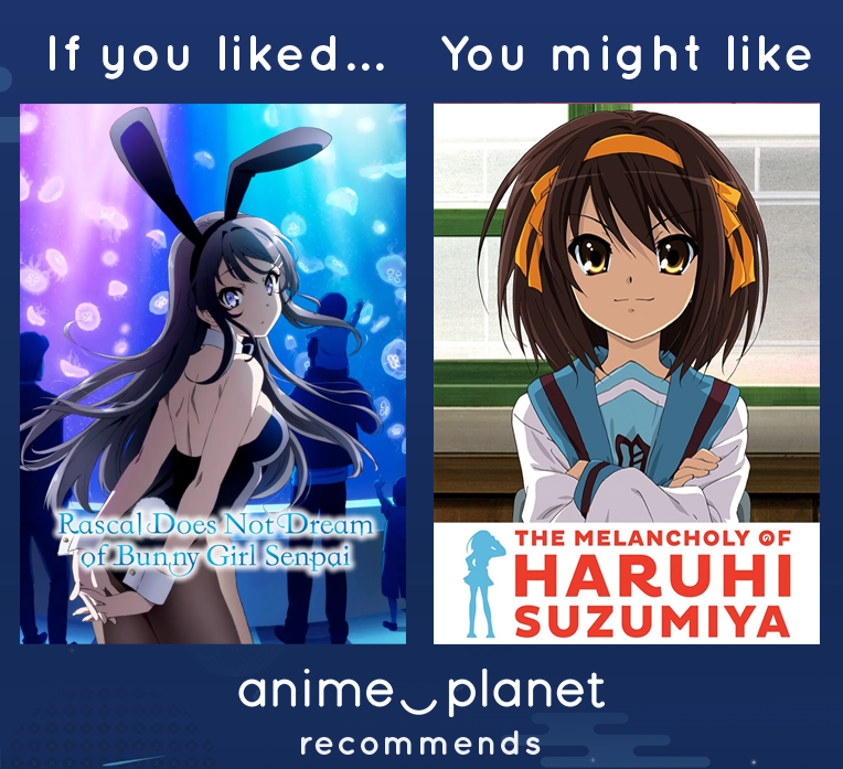 AnimePlanet's tweet photo. Have you seen Bunny Girl Senpai? What do you think is similar? #APrecommends
➤ https://t.co/hCbkhEQn8E
➤ https://t.co/CS4gxxMlt3 https://t.co/KMqNgNvxt5