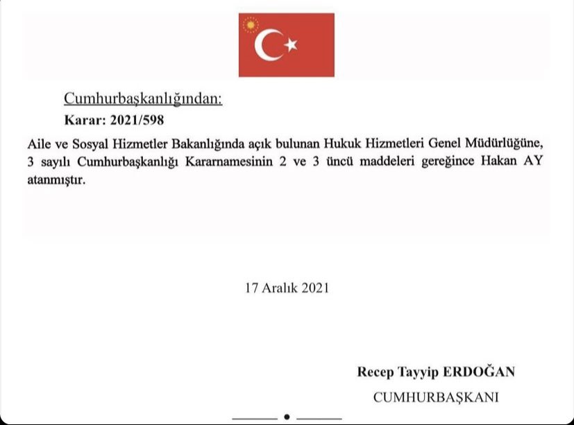 Aile ve Sosyal Hizmetler Bakanımız Sn <a href="/deryayanikashb/">Derya Yanık</a>’nin teklifleri Cumhurbaşkanımız Sn <a href="/RTErdogan/">Recep Tayyip Erdoğan</a> beyefendinin tensipleri ile Bakanlığımız Hukuk Hizmetleri Genel Müdürlüğü görevine asaleten atanmış bulunmaktayım.

Rabbim, Aziz Milletimize hayırlı hizmetler yapmayı nasip eylesin