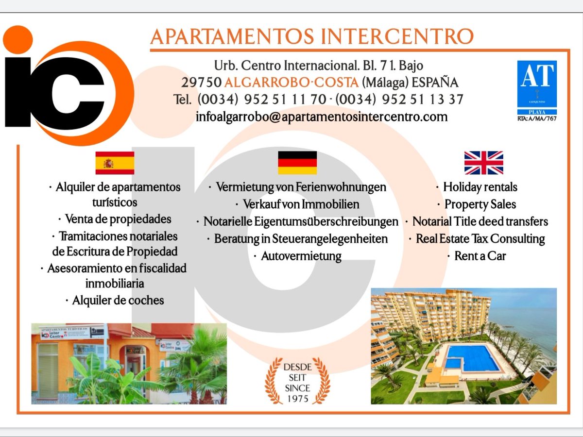 INTERCENTRO's tweet image. Estamos a su disposición. Wir stehen zu Ihrer Verfügung. We are at your service😀. APARTAMENTOS INTERCENTRO ALGARROBO-COSTA☀️☀️☀️
infoalgarrobo@apartamentosintercentro.com