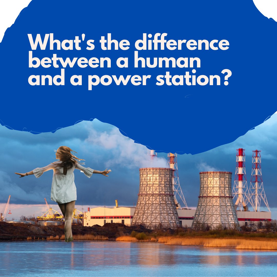 Yepyou8's tweet photo. What is the difference between a human and a power station?
The outside. 
On the inside humans and fossil fuel power stations are doing the same thing. We eat foods that contain carbon, breathe in oxygen, use chemical reactions to create energy and make CO2 as a by-product. https://t.co/62CXS5OLSl