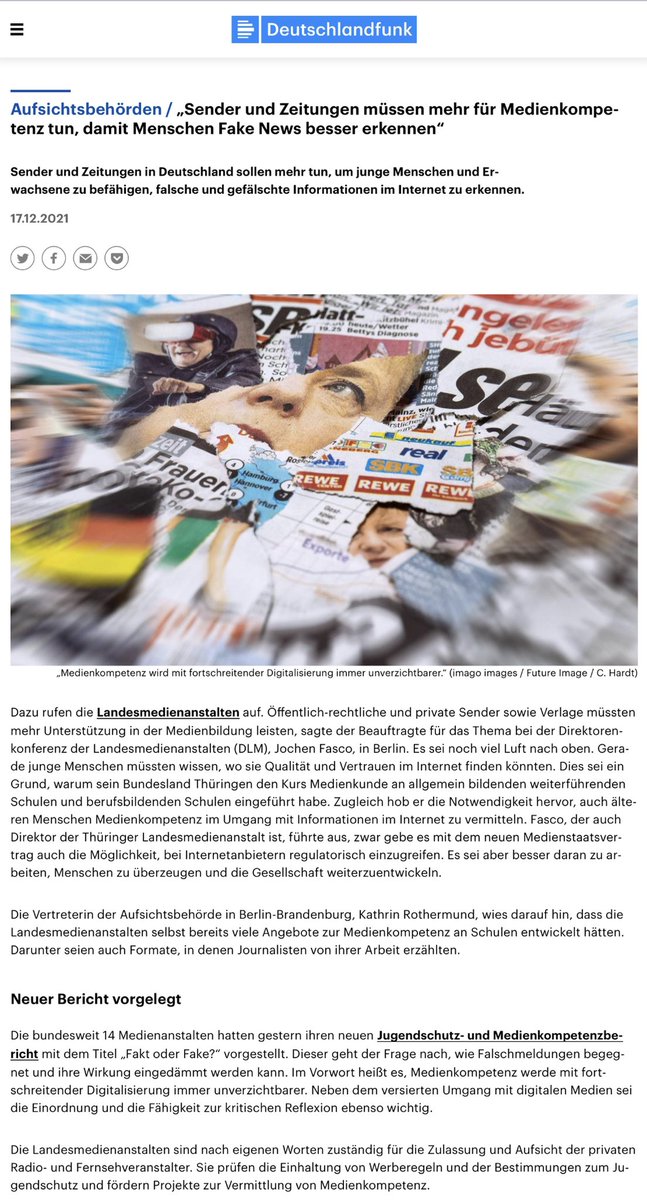 FakeNews sind Lochfrass in unser Demokratie.
Hier Aufsichtsmaßnahmen, Forschung und lokale, landes-und bundesweite Medienkompetenzaktivitäten etc.  aller Landesmedienanstalten. 
Bericht-Download die-medienanstalten.de/fileadmin/user…
Aktueller TV-Talk mit vielen Infos: youtu.be/0xHxU-4piy4