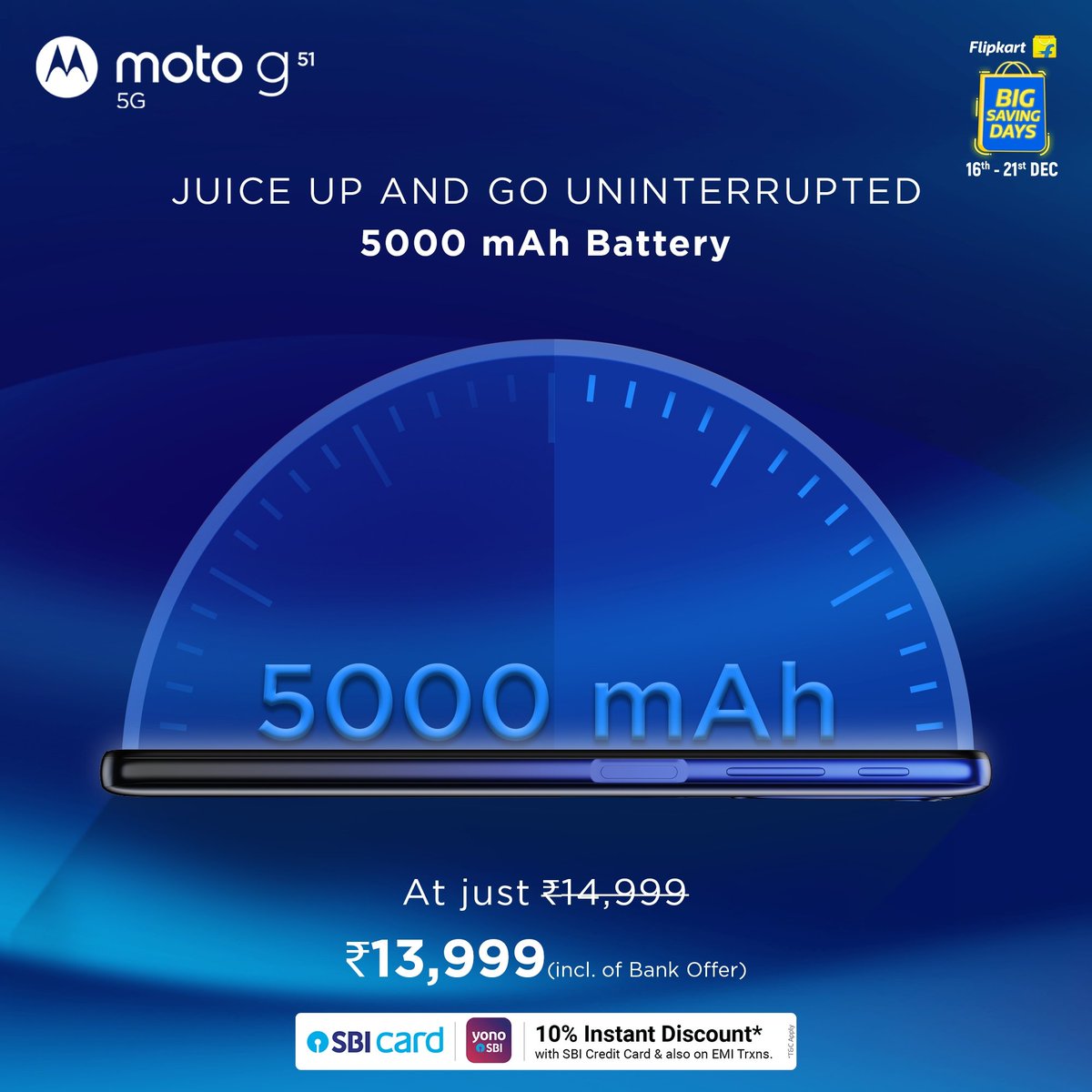 motorolaindia's tweet photo. Work or play, you can go on all day long with the new #motog51 5G. It’s 5000 mAh Battery gives 30+ hours of power and a 20W Rapid Charger gets you back in action in no time. Head to @Flipkart now &amp; get it at just ₹14,999. #GoTrue5G #gomotog https://t.co/yMuk1ifCf0 https://t.co/veQBmM7ADU