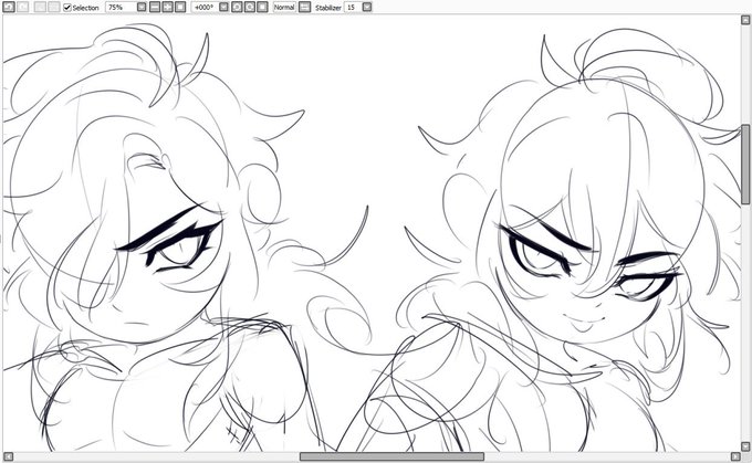 I was gonna draw Kiluc and Daeya chibis in thanks for the love theyre getting but the canvas failed to save so all you get is a wip screenshot until I can redraw them again 😭 