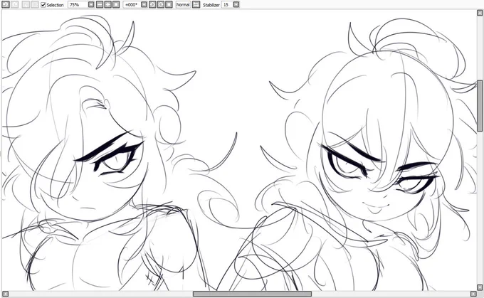 I was gonna draw Kiluc and Daeya chibis in thanks for the love theyre getting but the canvas failed to save so all you get is a wip screenshot until I can redraw them again 😭 