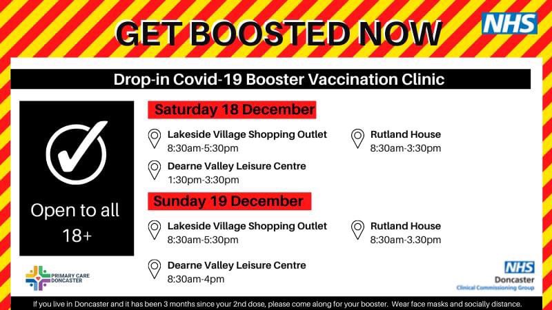 HealthCareDONC's tweet photo. 📣Get your booster this weekend in #doncasterisgreat  at one of our drop in clinics💉

👇👇 https://t.co/URsY04rQLd