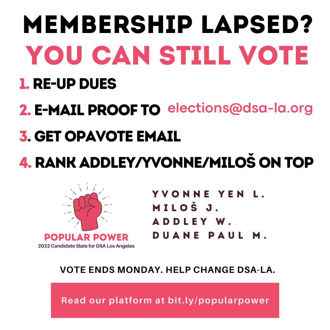 Our caucus is proud to endorse the Popular Power Slate in the current DSA-LA leadership election. Pop Power shares our commitment to anti-racism, transparency, and accountability, and our vision for this chapter's future!