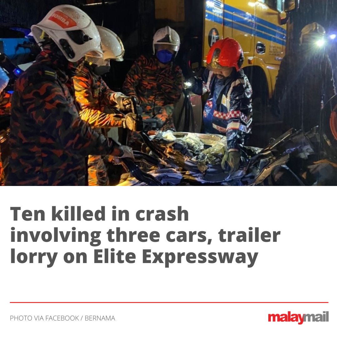malaymail's tweet photo. Ten people were killed in a road crash  involving three cars and a trailer lorry at the Shah Alam-bound USJ Rest &amp; Recreation (R&amp;R) area along the Elite Expressway late yesterday.

The victims comprised two adults and eight children.

#Car #Accident #Elite #ShahAlam #Malaysia https://t.co/nhjDtmQRul