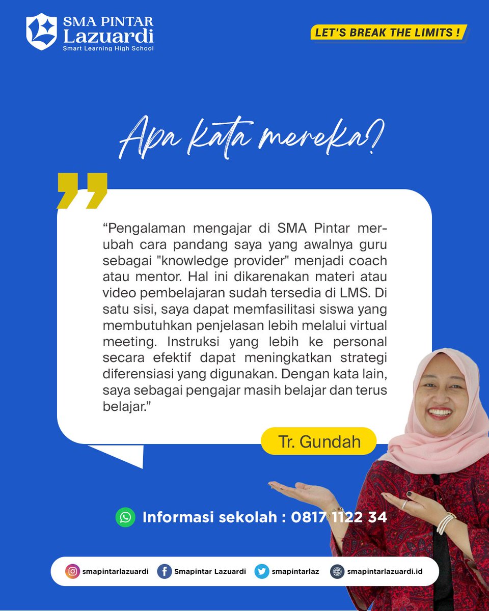 Melalui aplikasi PINTAR, guru juga memiliki waktu  untuk memberikan penjelasan lebih secara personal, sehingga efektif dengan strategi diferensiasi yang digunakan oleh SMA PINTAR Lazuardi. 
WhatsApp : wa.me/62817112234
Website : smapintarlazuardi.id
#smapintarlazuardi