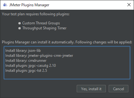kunyami's tweet photo. @_skmkzyk Plugin Managerの画面を開いてCustom Thread Groupsをインストールしなくても、jmeter-plugins-manager-*.jarだけ入れてjmxファイルを読み込めば、こんな画面が出てそのプラグインをインストールしてくれるはずですよ (この機能は私も今回初めて知りましたー) https://t.co/IT1Wx35hvM