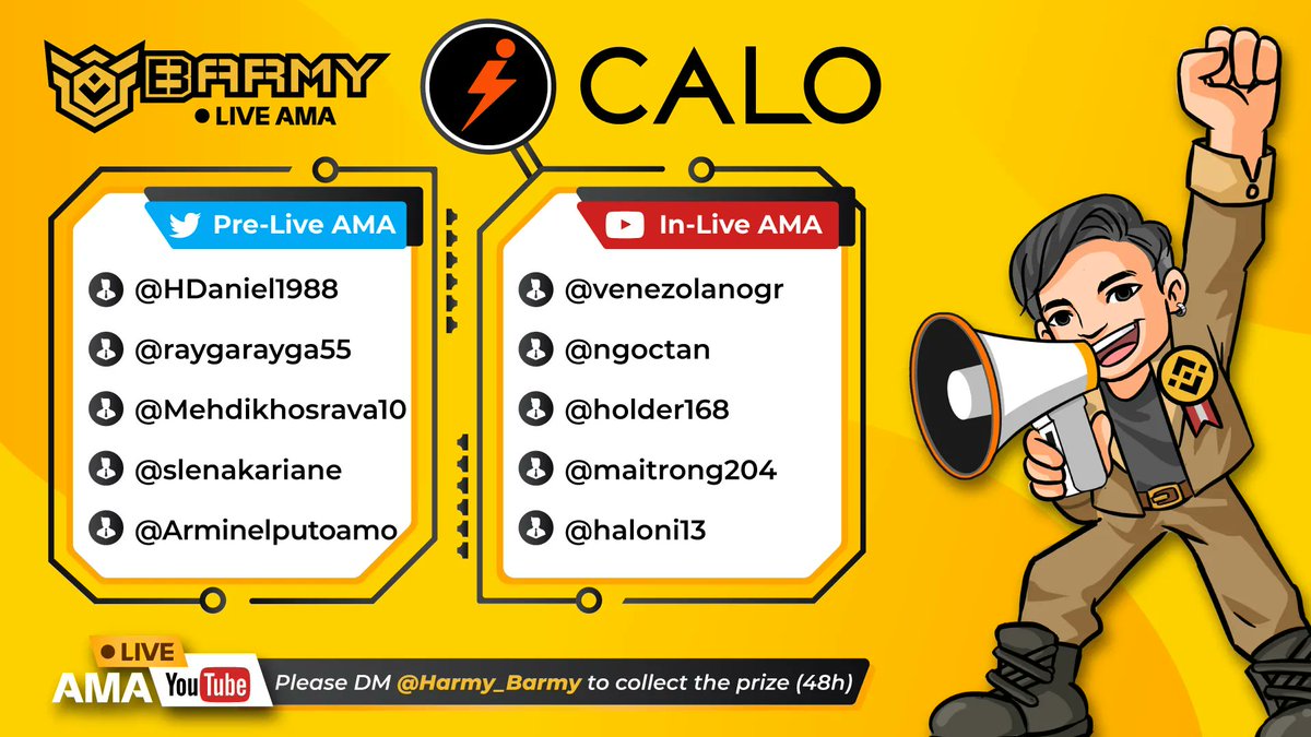 #Barmy x @AppCalo winner announcement

Congrats to our 10 #Giveaway winners 🎉🎉

💰100USDT for 5 in-AMA winners (Youtube)  
💰100USDT for 5 pre-AMA winners (Twitter) 

Check out the winners in the picture! 👀

DM <a href="/Harmy_Barmy/">Ha Bui</a> in 48 hours to get your prize! 🎁❣️