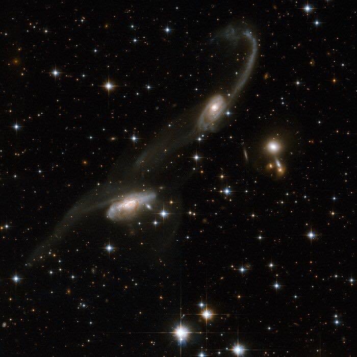 Cron_Silenzio's tweet photo. Lunghe code di marea spuntano dalle due galassie: gas e stelle sono stati strappati dalle regioni esterne delle galassie. La presenza di queste code è la firma unica di un'interazione. L'#ES69-6 è nella costellazione del Triangolo Australe, a circa 650 milioni di anni luce https://t.co/cNZHeRpmfj