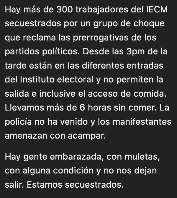 <a href="/CarlosLoret/">Carlos Loret de Mola</a> los trabajadores del <a href="/iecm/">IECM</a> llevan 7 horas "secuestrados" aquí un testimonio