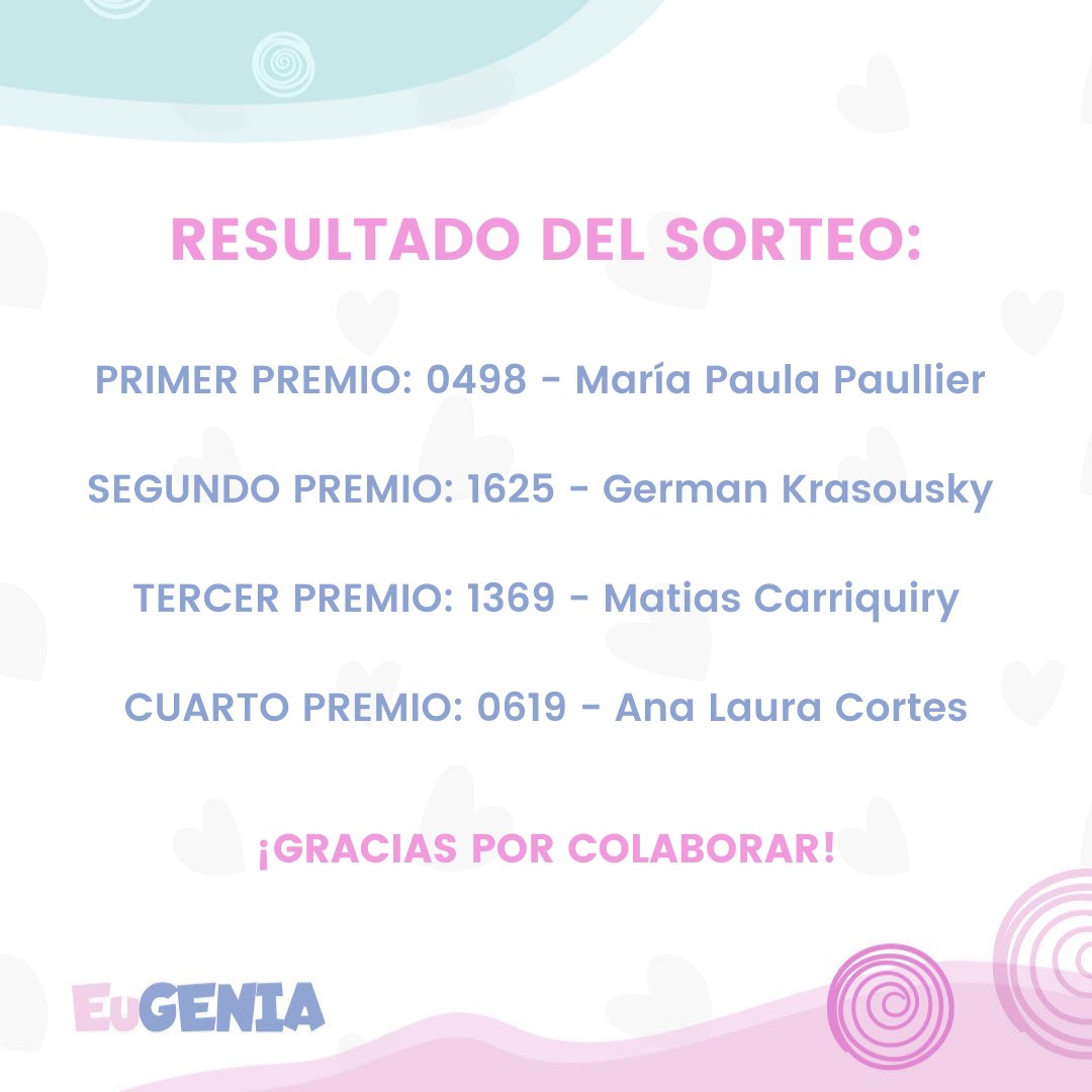 🌸SORTEO🌸 

El sorteo se realizó el día 17 de dic de 2021 a las 18:30 hs, ante la Esc. Mónica Betancor, quien constató bajo acta los ganadores.

Felicitamos a los ganadores y agradecemos a todos los que participaron y colaboraron! 

#EuGENIA
#EugePequeñaGranGenia