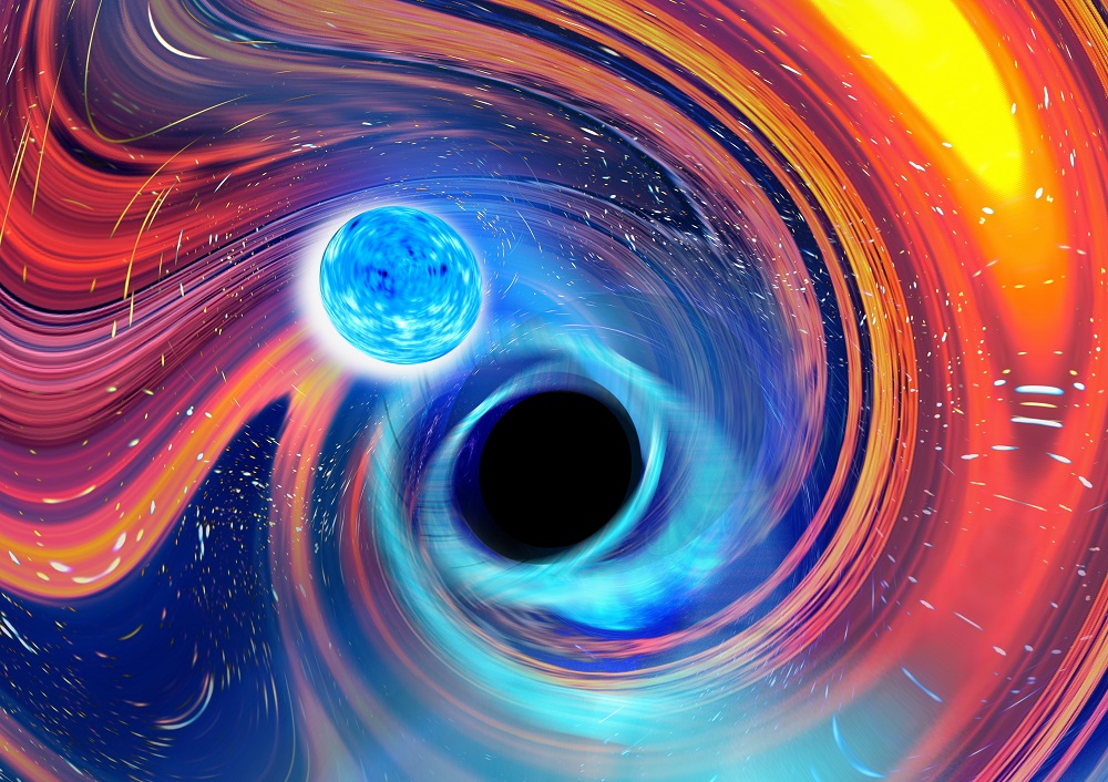 Swirling graphic showing a dark circle in the centre representing the black hole and a warped blue sphere nearby representing the neutron star. Around it, swirls of many colours.