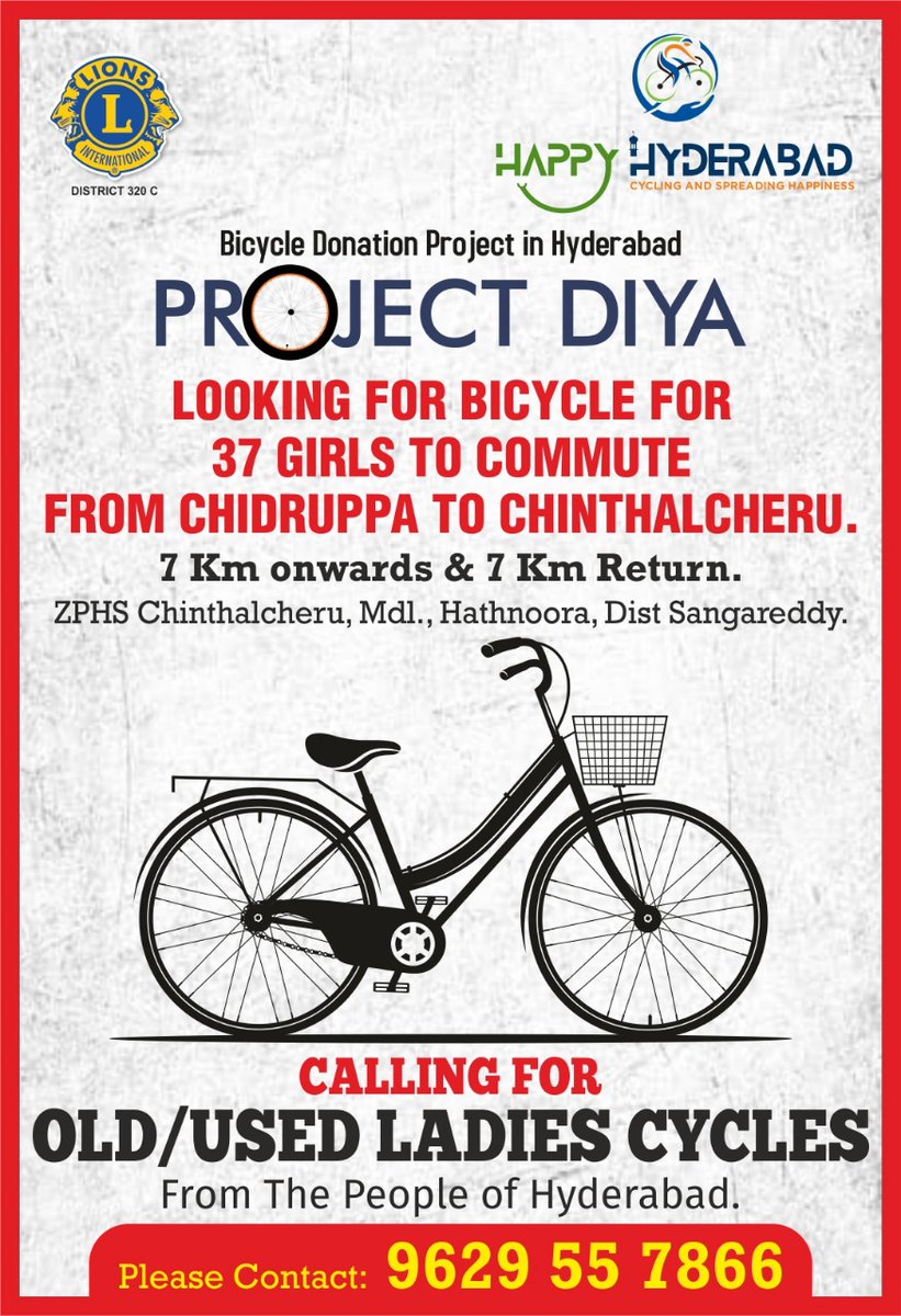 DizisSANDY's tweet photo. Calling for old/used Ladies Cycles from the #PeopleOfHyderabad, so that Bycycle Team/ Relif riders team will fix it using roadside mechanics as part of #ProjectDiya #HappyHyderabad and give it to the 37 girls in this Village in #Hyderabad.
๐
1/2 https://t.co/zGRI1HNMe5