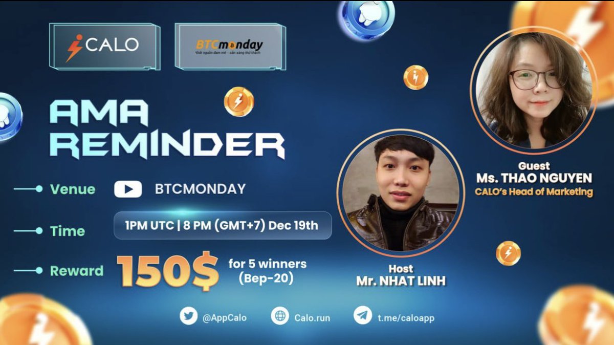 DannyL97329's tweet photo. Tomorrow at 1 PM UTC (GMT 7) there will be an AMA between @AppCalo and #BTCMonday with the purpose is to learn more about this very hot project.
🎁Rewards:$150 BUSD/5 best questions
🎯Venue: https://t.co/RSD1Qsyh6J
#CoinLAB #CALO https://t.co/qVuRonnn6E