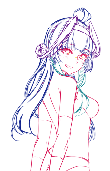 金剛ちゃんの髪は何度描いても難しいので大まかに3ブロックくらいに分けないとどこ描いてるのかわかんなくなる… 