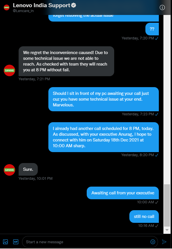 AdahSingh's tweet photo. @Lencare_In @Lencare_In @LenovoNews i believe you would not give a call on the scheduled time and expect the aggrieved customer to wait endlessly for  service support. Forget issue resolution not even a call nor an email to inform us about delays, from your end. https://t.co/MSD90qKn0h