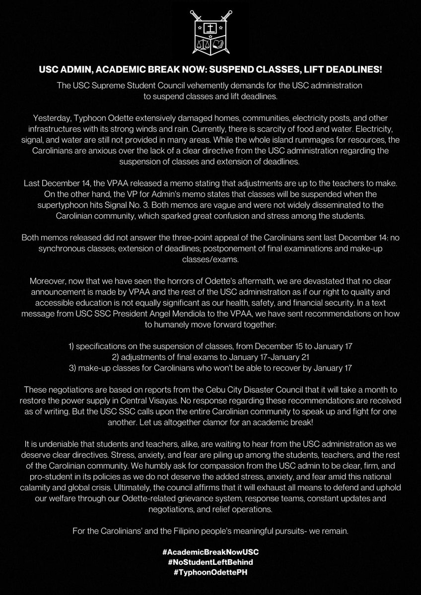 SSC_USC's tweet photo. USC ADMIN, ACADEMIC BREAK NOW: SUSPEND CLASSES AND EXAMS, LIFT DEADLINES!

It is undeniable that students and teachers, alike, are waiting to hear from the USC administration as we deserve clear directives. Stress, anxiety, and fear are piling up among the students, teachers, https://t.co/xCguKe7i4G