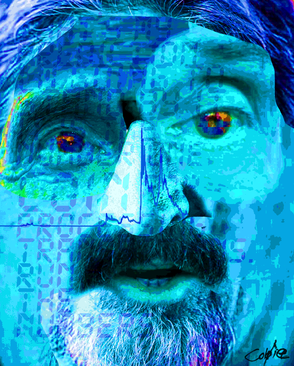 Coldie's tweet photo. The blue face...Thats John McAfee @officialmcafee (RIP) the man, the myth, the legend, the crazy man. He was all over crypto in 2018 when I made this. His promise to E his own D on TV....epic

Here is the 1/1 on @SuperRare 

https://t.co/IWCJ6W1nyv

Collected by #momuscollection https://t.co/nSYhNZtPQc