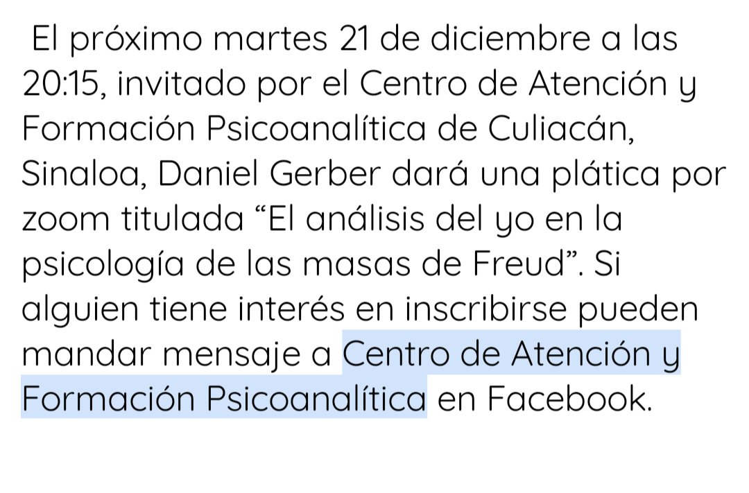 psicopod's tweet photo. El próximo martes 21 de diciembre a las 20:15, invitado por el Centro de Atención y Formación Psicoanalítica de Culiacán, Sinaloa, Daniel Gerber dará una plática por zoom titulada “El análisis del yo en la psicología de las masas de Freud”. Si alguien tiene interés en inscribirse https://t.co/Lm4ZnmH3Ej