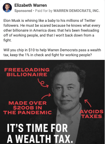 davelee's tweet photo. Here are 6 Facebook ads that @SenWarren is running against @elonmusk.

1/ calling Elon a whining baby and scared. https://t.co/OII24Nio6J