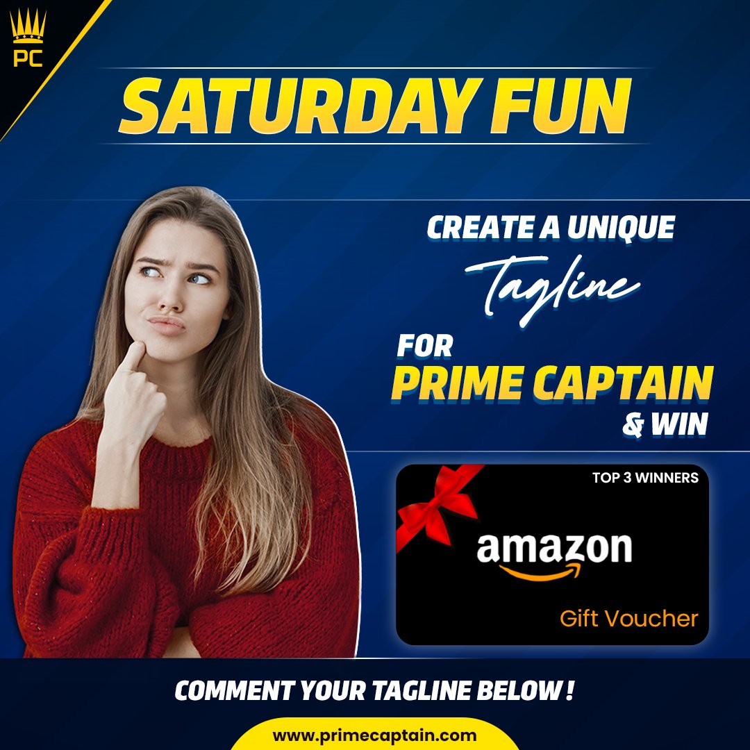 Let's have some #SaturdayFun.🤩
Suggest one Tagline for #PrimeCaptain & 3 best taglines will win Amazon Gift Vouchers.
Put on your creativity cap & create a unique tagline.🧐

Check T&C in the Comment section.

#AmazonQuiz #AmazonGiftVoucher #Giveaways #GiveawayAlert #Contest