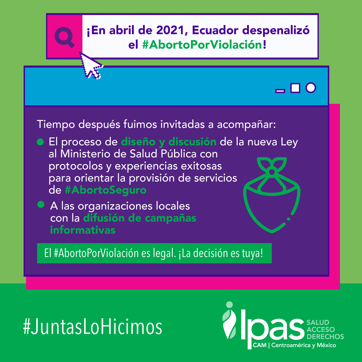 IpasMEX's tweet photo. En abril de 2021, la @CorteConstEcu despenalizó el #AbortoPorViolación,💚 como respuesta a las demandas del movimiento feminista. ✊🏾♀️ Desde #IpasCAM, acompañamos en algunos procesos posteriores a esta histórica decisión. +Info en 👉🏾 https://t.co/w1ewrBK9fo

#JuntasLoHicimos💕 https://t.co/RHCvBeaokD
