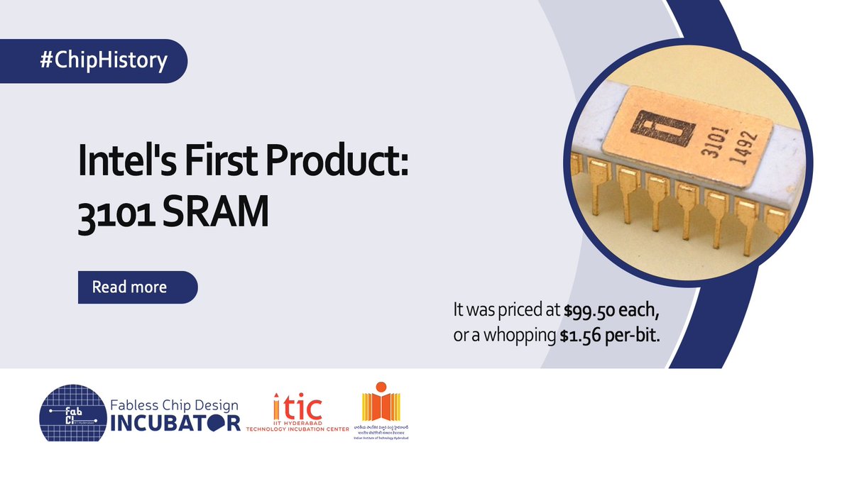 FabCI_IITH's tweet photo. #ChipHistory
Intel's First Product
Intel introduced its first product: The 3101 SRAM with this press release.
It was priced at $99.50 each, or a whopping $1.56 per-bit. This was cutting edge performance, circa 1969.
@IntelIndia @FabCI_IITH
#SRAM #Intel https://t.co/AUXdlaXva0