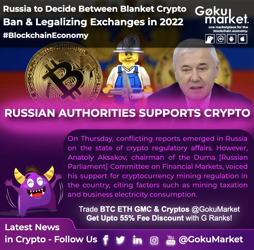 GokuMarket's tweet photo. 📣 #Russia 🇷🇺 to Decide Between a Blanket #Crypto Ban and Legalizing Exchanges in 2022

👉 The world's biggest country will reach a crossroads on #cryptoregulation as it enters 2022. Chairman #Aksakov voiced his support for #cryptomining regulation in the country.

#Gokumarket https://t.co/qbPFxl89K3