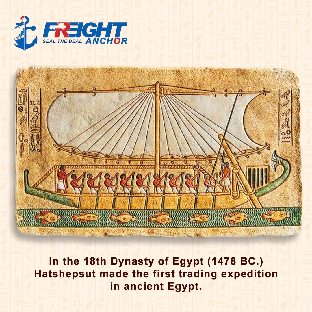 FreightAnchor's tweet photo. قامت حتشبسوت بأول بعثه تجارية في مصر القديمة في الأسرة الثامنة عشر (1478 قبل الميلاد)، فقد قامت ببناء أسطولًا في البحر الأحمر لتسهيل التجارة بين مصر وبونت (التي أصبحت الآن بالقرب من إريتريا) لجلب العاج والأبنوس والذهب وجلود النمر والبخور ... إلخ https://t.co/EcaN6ZZLwu