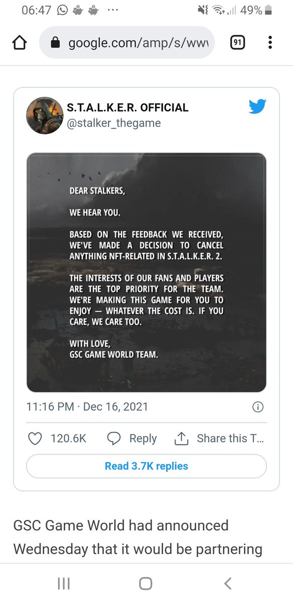 nftoco's tweet photo. S.T.A.L.K.E.R. 2 will no longer have NFTs after fan outcry

The NFT plans came under heavy criticism

https://t.co/ieZsEgqvHD

#stalker #nftnews #nftoco https://t.co/OhLd7ozH9d