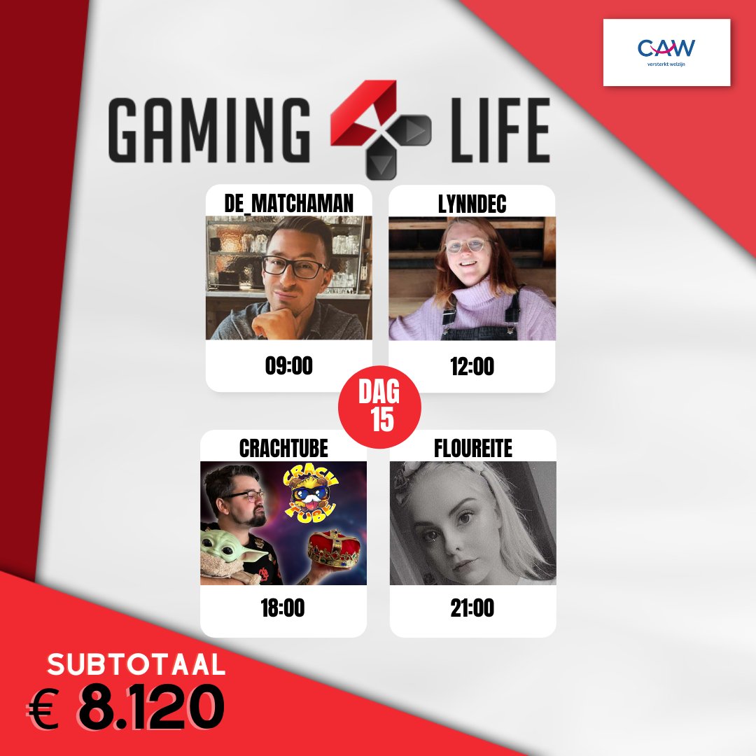 🎄 Gaming 4 Life 2021 || Dag 15 🎄⁠
Subotaal: € 8.120⁠ voor CAW 🔥⁠
⁠
Onze streamers van vandaag:⁠
🕘 09:00 @de_matchaman
🕛 12:00 @lynnsepticeye_
🕕 18:00 <a href="/CRACH_TUBE/">CRACH TUBE / Crach Card Club</a>
🕘 21:00 @floureite
⁠
🎁 Maak kans op geweldige prijzen! Meer informatie: gaming4life.be/giveaways