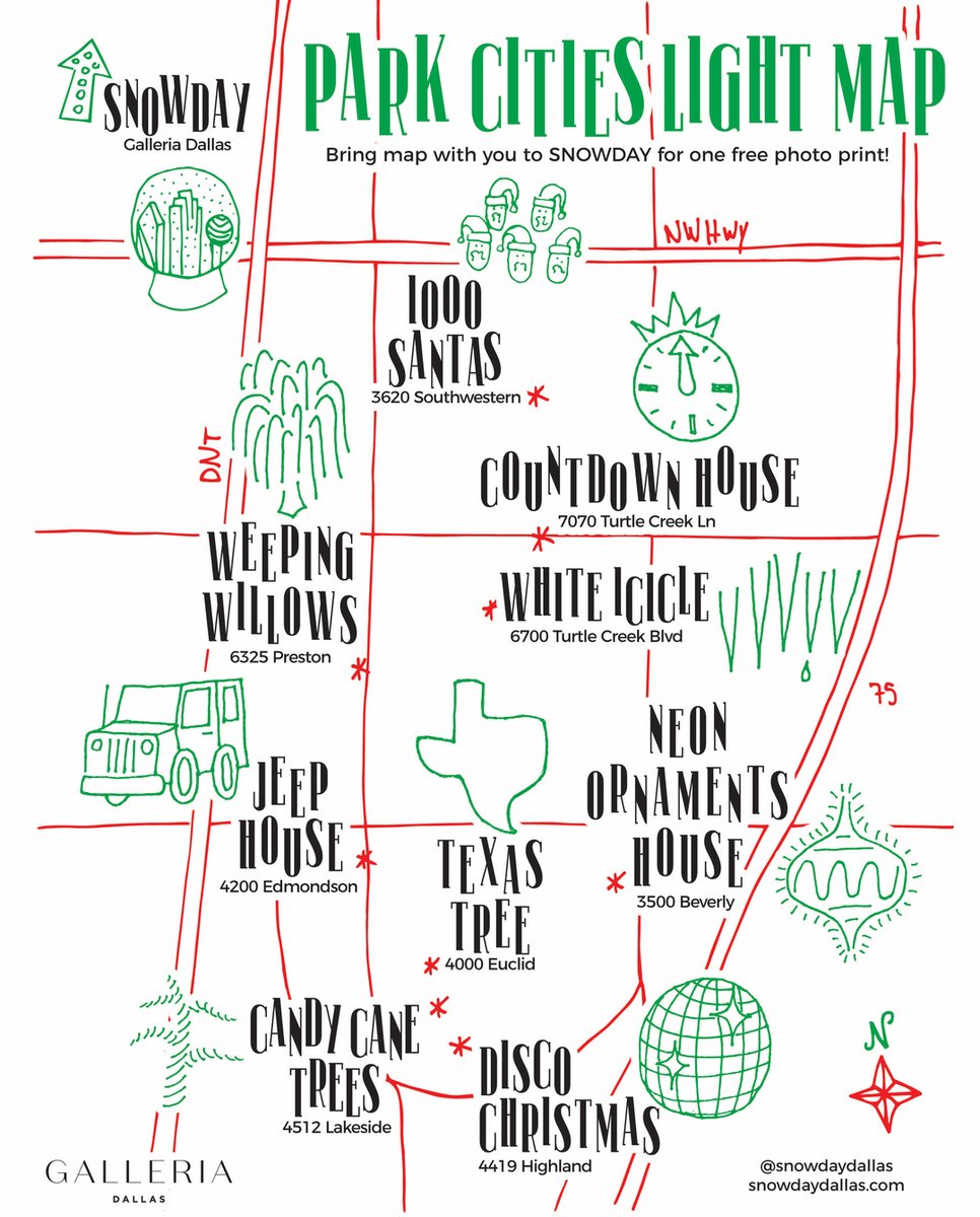 snowdaydallas's tweet photo. Back by popular demand, the ✨Park Cities Light Map✨ is finally out with all new addresses and a few fan favorites for the BEST Christmas lights and decorations! Bring the map with you to @snowdaypop for one free photo print! 🎄✨ #snowday2021 #PCLM2021

Artwork by @no_face https://t.co/Akyf0OrSiT
