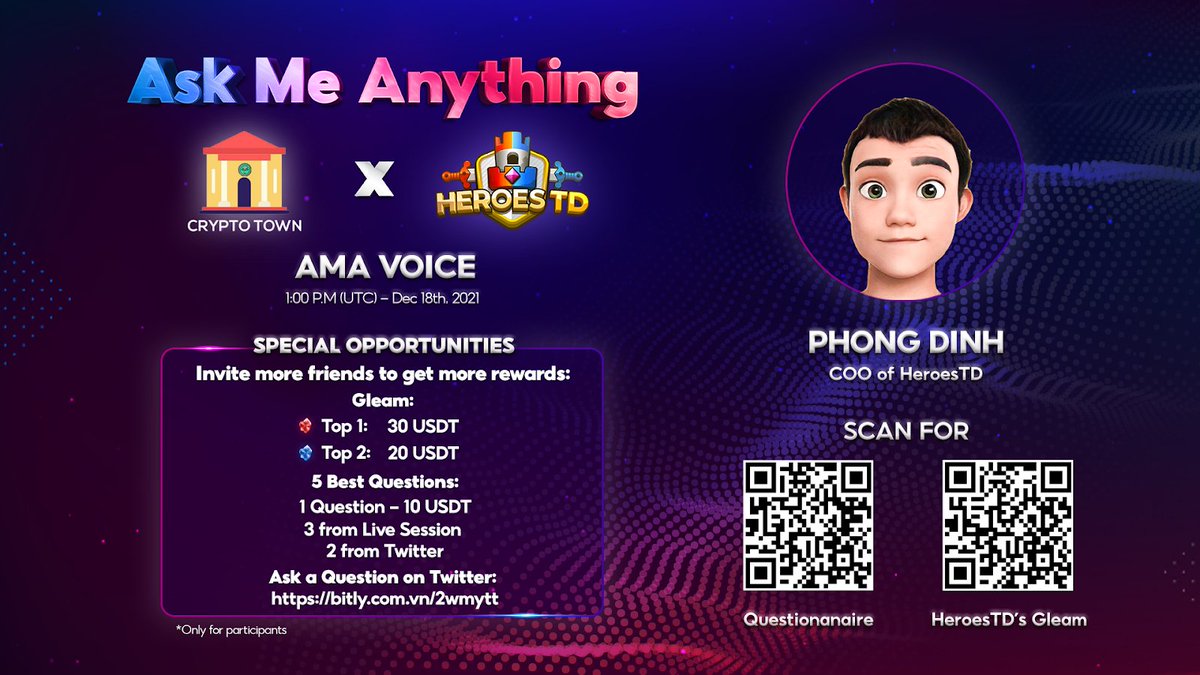 heroes_td's tweet photo. Join our AMA with CRYPTO TOWN at 8 PM(UTC+7), December 18th 2021.
✨ Gleam: https://t.co/BKDJIJ4A2K
#heroestd #nftgame #cryptotown https://t.co/CU9YfvhSdR