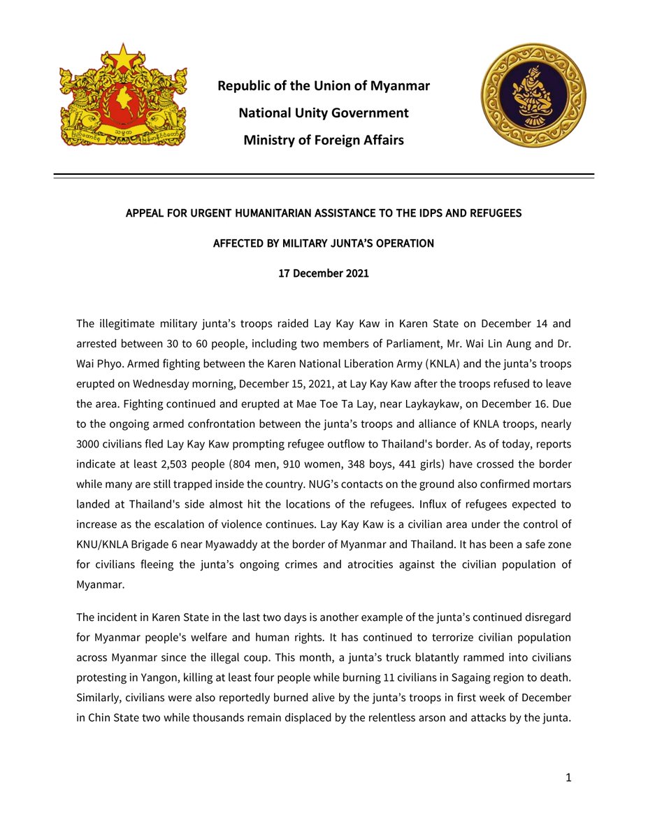 NUGMyanmar's tweet photo. Appeal for urgent humanitarian assistance to the IDPs and refugees affected by military junta's operation
#WhatsHappeningInMyanmar https://t.co/FFZeRGv57Y