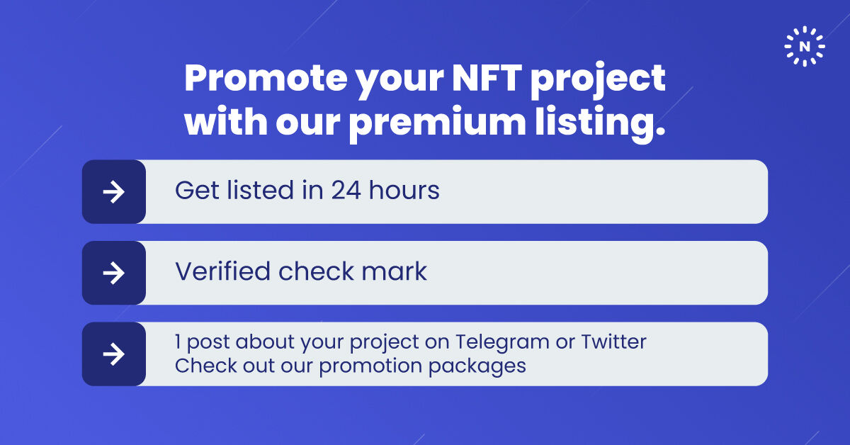NFTprojects's tweet image. Promote your NFT project with our premium listing. 🔥🔥

• Get listed in 24 hours
• Verified check mark
• 1 post about your project on Telegram or Twitter
Check out our promotion packages 
#NFTs #NFTPromotion #NFTListing #NFTCommunity #NFTProjects #NFTlist