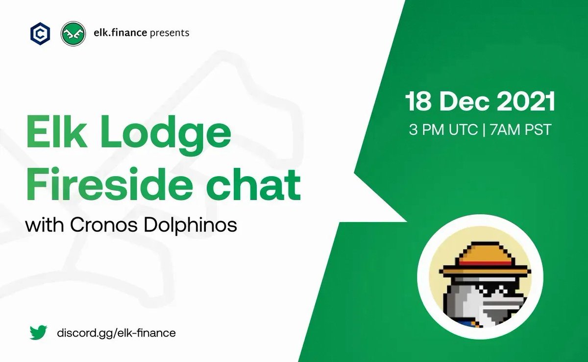 elk_finance's tweet photo. A cozy fireside hangout (text) coming with @CronosDolphinos from #CRO chain 🔥

📆 Today, 18 Dec
⏰ 3PM UTC | 7AM PST
🔗 https://t.co/u1VqyTfzT3 

🤑 1 Dolphinos NFT + 1 Cronies NFT raffled between Discord hangout participants 🖼️

#LearnWithElk #AMA #NFTGiveaway https://t.co/CPN6fRxrzJ
