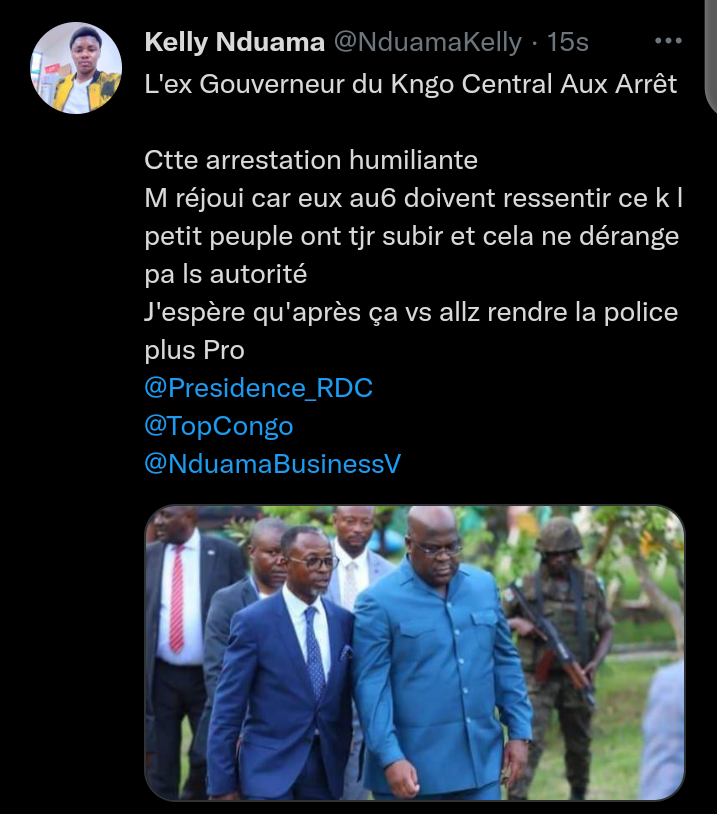 NduamaKelly's tweet photo. @HonoreMvula1 @Icone_Carbone Son arrestation et de manière dont cela ce dérouler me réjouis
Parce k le Petit peuple son humilié chak jour par la police
C'est un appel a la professionalisme de la police 
@NduamaKelly https://t.co/r5B62SCuL2