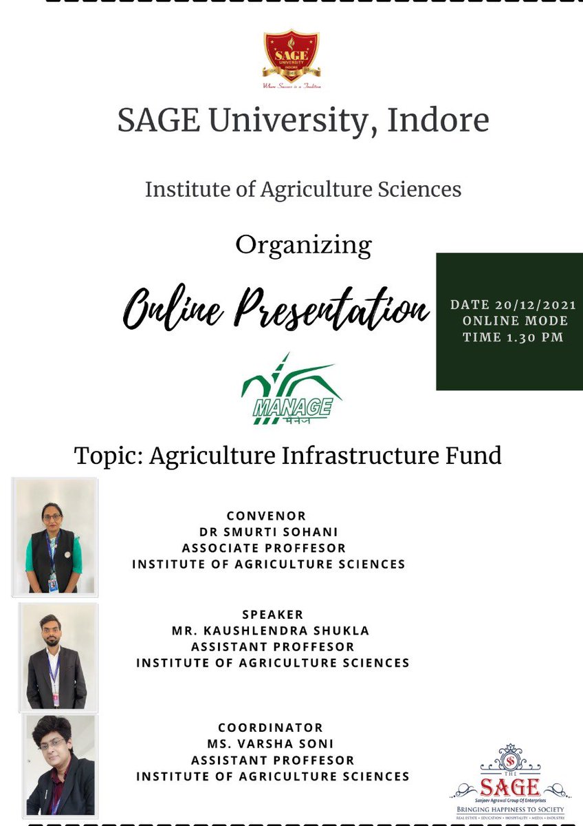 SAGEagriculture's tweet photo. Hello Agrians...!! 

You all are cordially invited to attend online presentation session which will be organized on 20 December....

https://t.co/jmrxJAukX3

#letslearntogether 
#SUI
#InstituteofAgricultureSciences https://t.co/yFpUU66WkM
