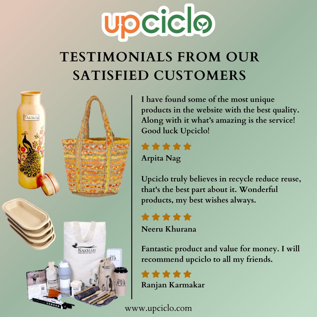 Satisfied &amp; Happy Customers Are Our Best Assets - Upciclo

⭐⭐⭐⭐⭐ "I have found some of the most unique products in the website with the best quality. Along with it what’s amazing is the service! Good luck Upciclo!." 💚 - Arpita Nag 🌿

🌿 Shop Now @ upciclo.com