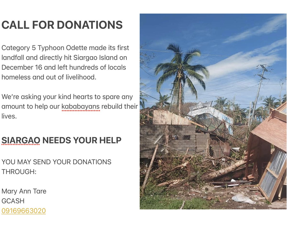 5stars28's tweet image. [CALL FOR DONATIONS]

With only a few days remaining until Christmas, we decided to open a donation drive to help the families affected by Typhoon #Odetteph in Siargao, Island. 

#SiargaoNeedsHelp #TyphoonOdettePH