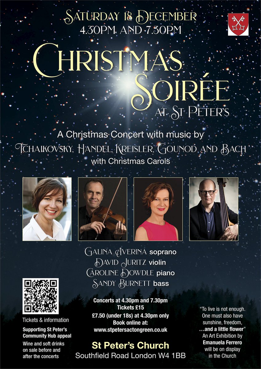 we are looking forward to welcoming you this afternoon at 4.30pm for our Christmas Soiree at St Peter's. Important notice: the 7.30pm performance is cancelled.