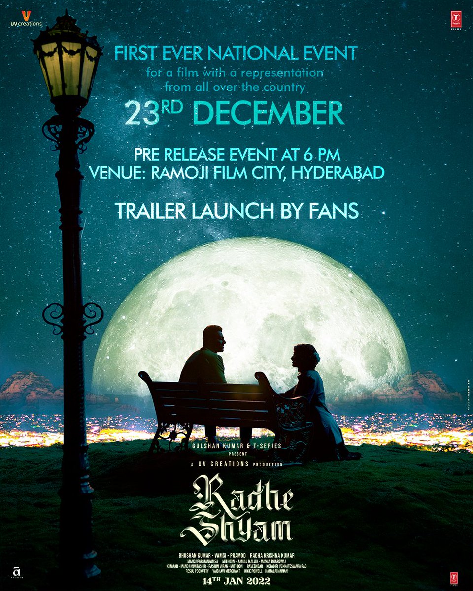 TSeries's tweet photo. Witness the first-ever trailer launch event by the fans in Indian cinema.  23rd December, Ramoji Film City, Hyderabad.

#RadheShyam #RadheShyamPreReleaseEvent

Starring #Prabhas &amp; @hegdepooja. https://t.co/WGQK04Zecs