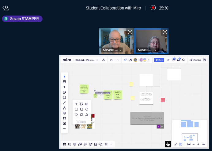 Two more impressions from Suzan Stamper's presentation on Student Collaboration with Miro at the #glocall2021 virtual conference. It was a quick intro but she actually got people into Miro :-)