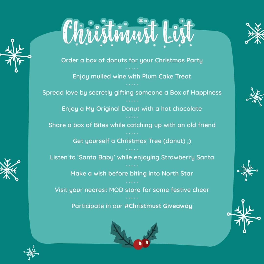 MadOverDonuts's tweet photo. 🚨CONTEST ALERT!🚨
Share a picture or video of you ticking off any one #Christmust essential with MOD (swipe for our list!)and tag us in it. The best 3 entries will win a box of our Christmas Special Donuts + get featured on our page!

Contest ends on 22nd December 2021 https://t.co/eJcVUJSuaC