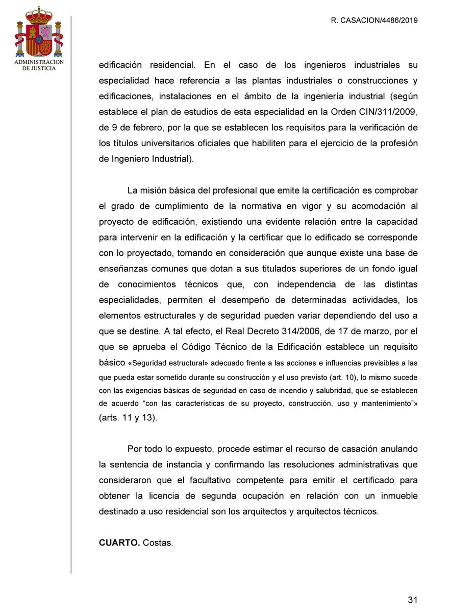 PresidentaCSCAE's tweet photo. El TS ha estimado recurso de @CSCAE y @CGATE sobre ITES con sentencia favorable que reafirma la LOE y las reservas de actividad y las extiende a los informes y certificaciones sobre aspectos de seguridad y habitabilidad, basando en el interés general de protección de Seg. y Salud https://t.co/IFSFhsbxxf